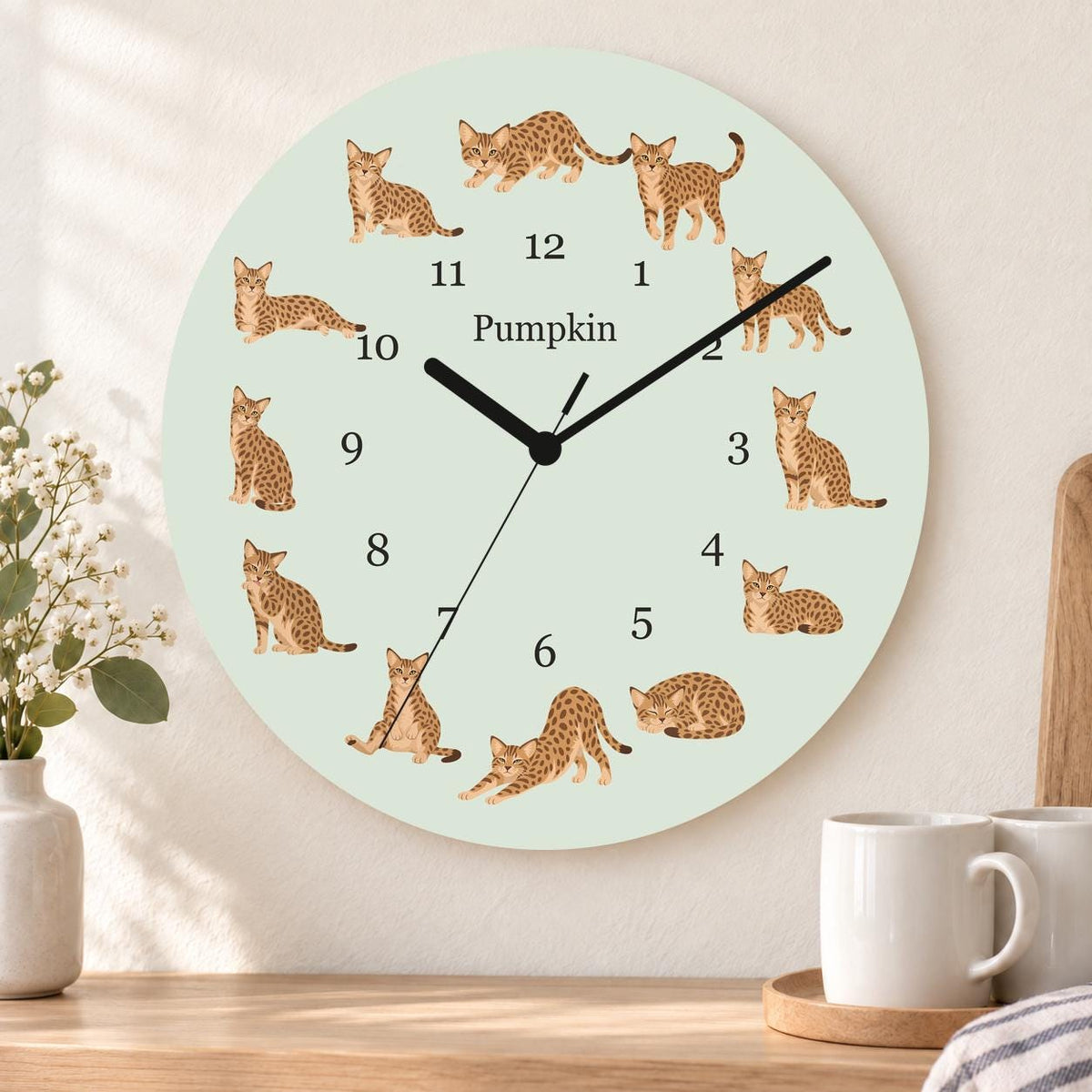 Personalized Ocicat Cat wooden wall clock with example name Pumpkin; kitchen