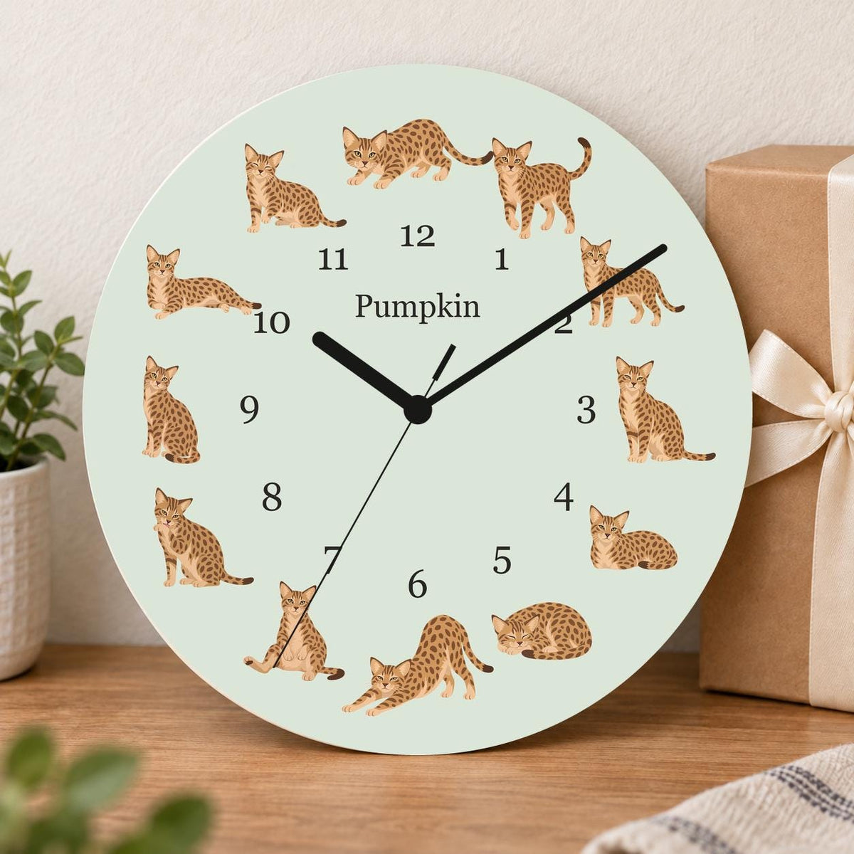 Personalized Ocicat Cat wooden wall clock with example name Pumpkin; gift