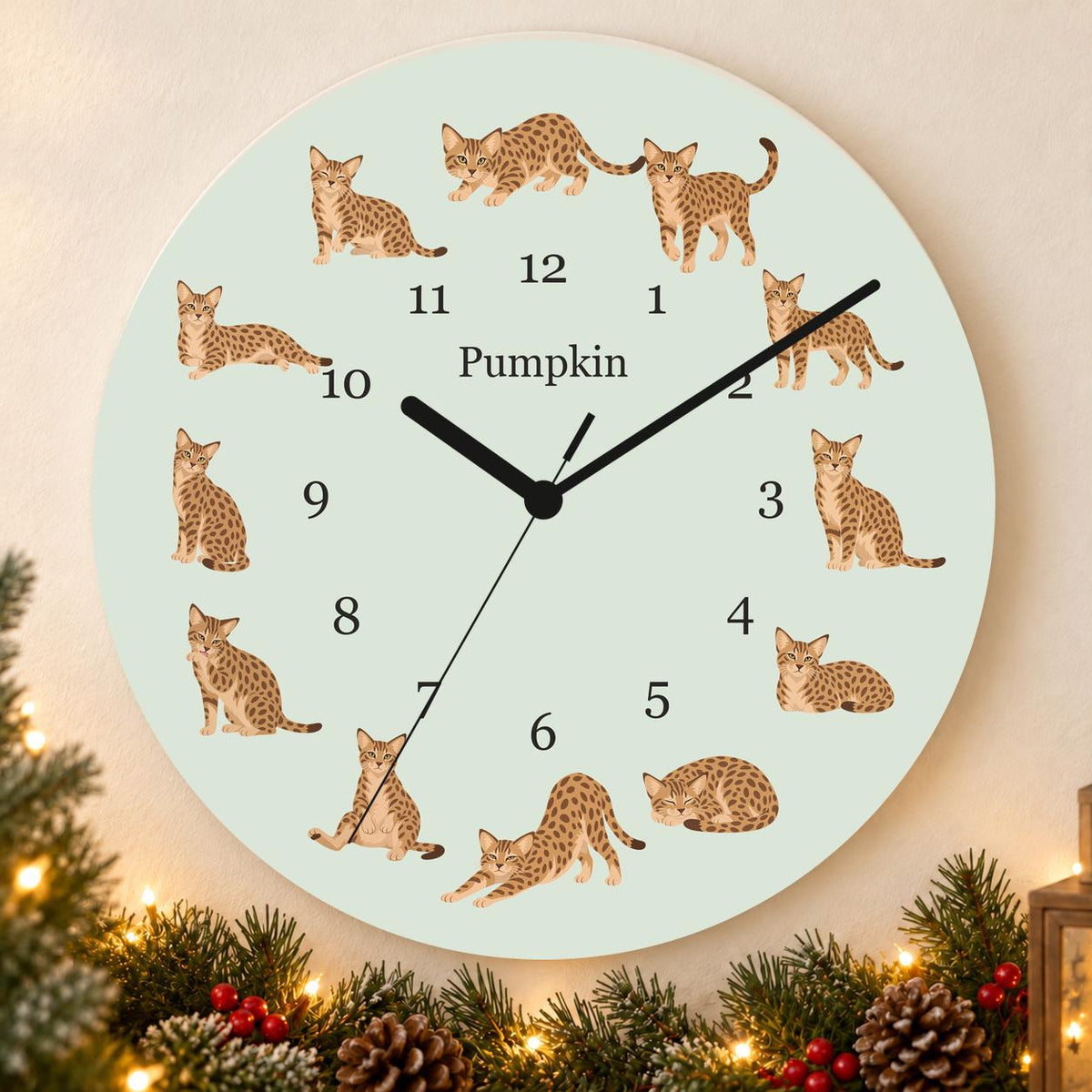 Personalized Ocicat Cat wooden wall clock with example name Pumpkin; holiday