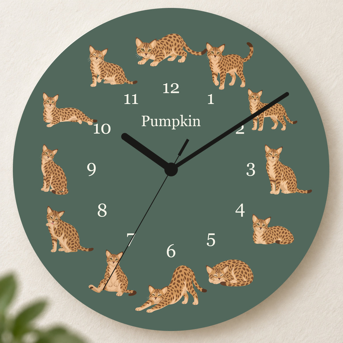 Personalized Ocicat Cat Wall Clock, Custom Pet Name, 11.6 Inch Wooden Clock — Deep Sage background