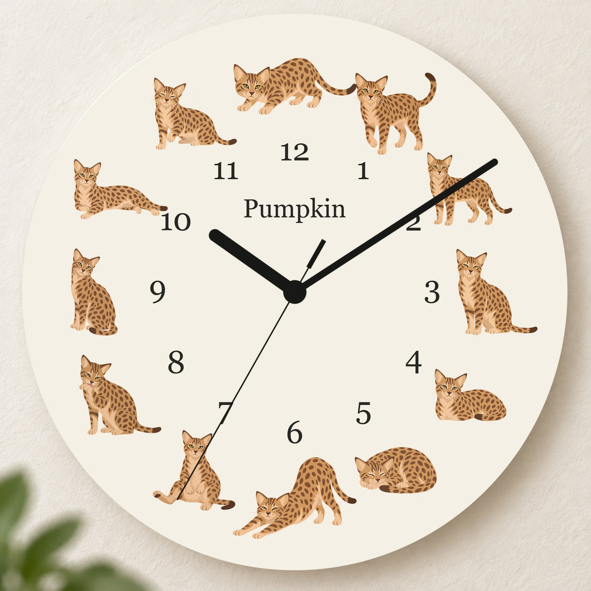 Personalized Ocicat Cat Wall Clock, Custom Pet Name, 11.6 Inch Wooden Clock — Warm Ivory background
