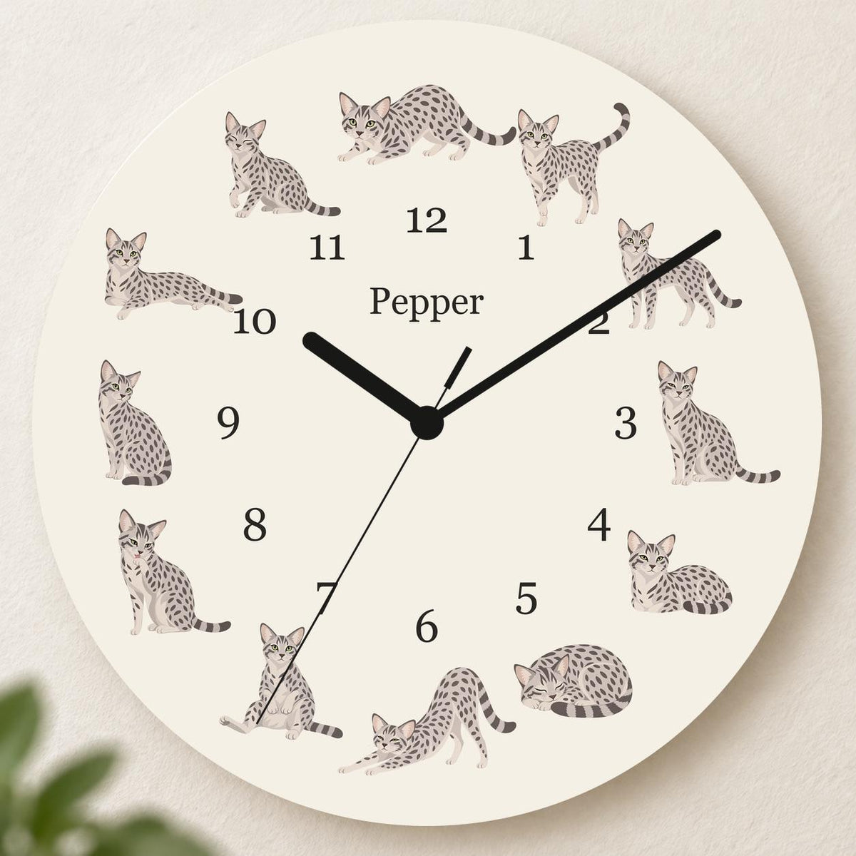 Personalized Egyptian Mau Cat wooden wall clock with example name Pepper; hero