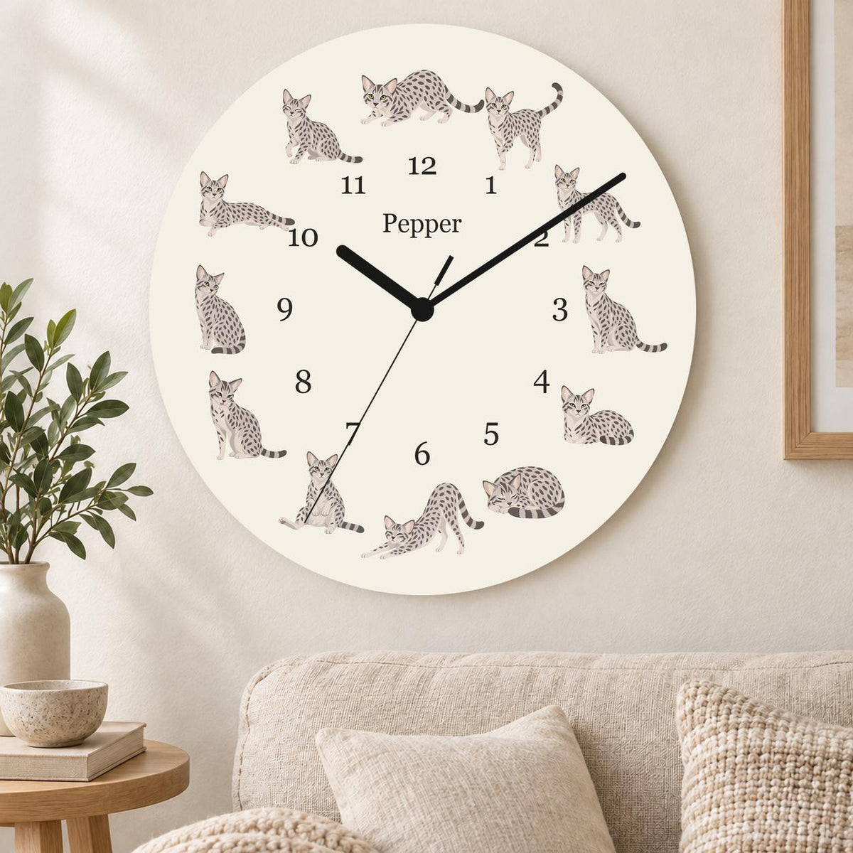 Personalized Egyptian Mau Cat wooden wall clock with example name Pepper; living room