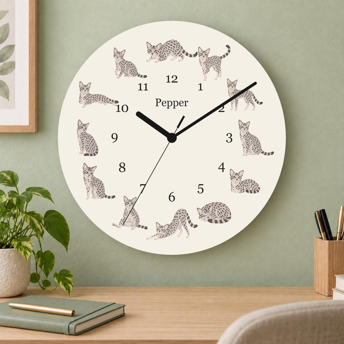 Personalized Egyptian Mau Cat wooden wall clock with example name Pepper; home office