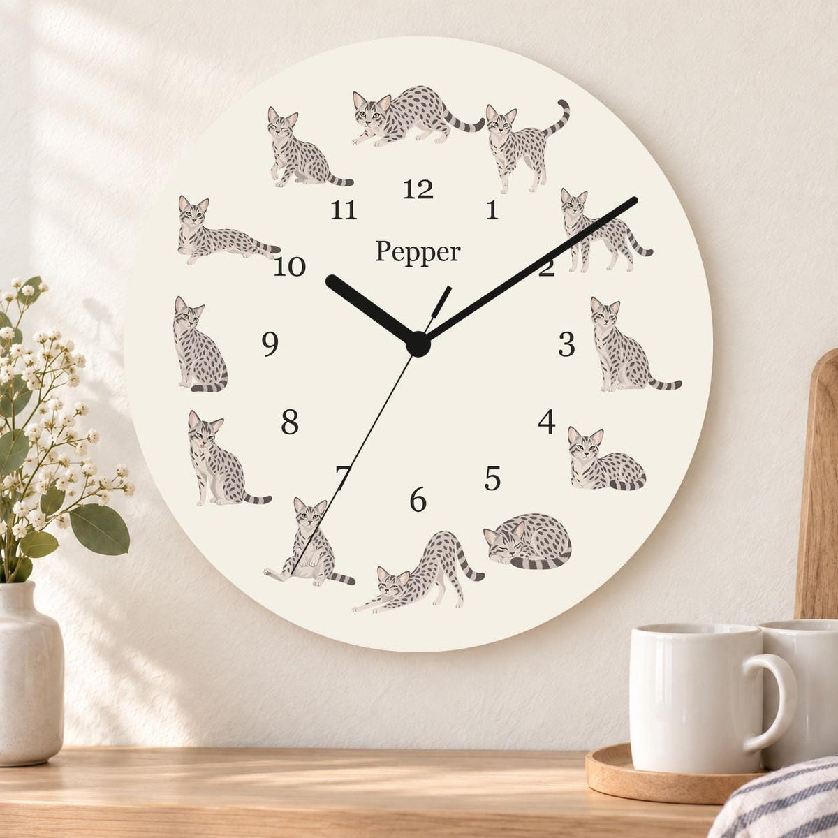 Personalized Egyptian Mau Cat wooden wall clock with example name Pepper; kitchen