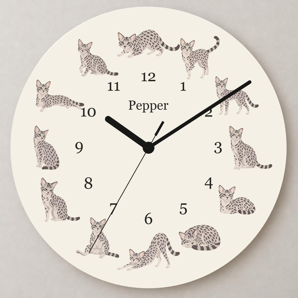 Personalized Egyptian Mau Cat wooden wall clock with example name Pepper; close up