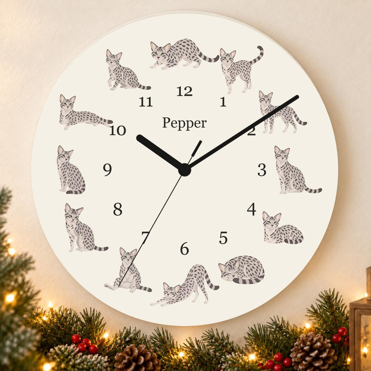 Personalized Egyptian Mau Cat wooden wall clock with example name Pepper; holiday
