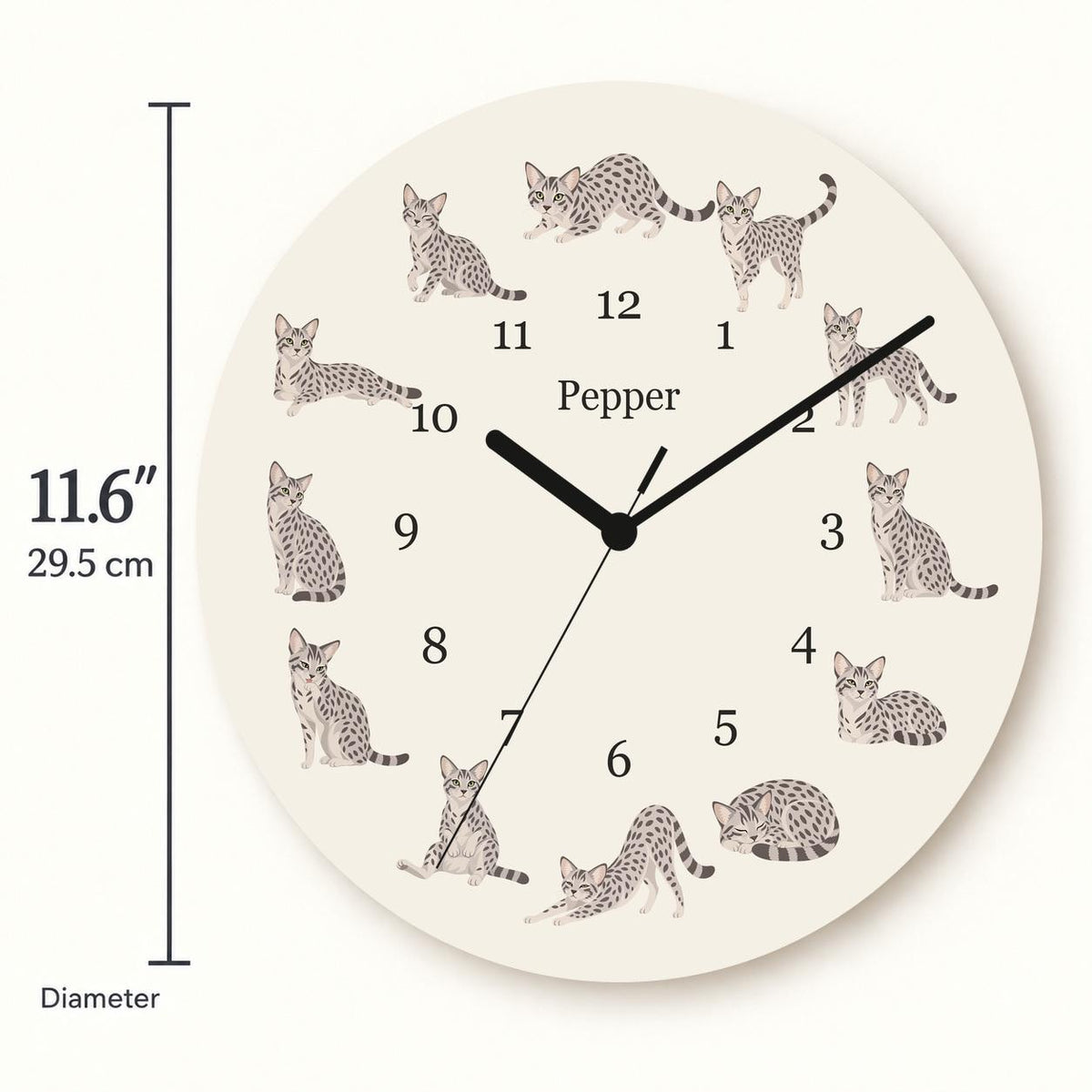 Personalized Egyptian Mau Cat wooden wall clock with example name Pepper; size