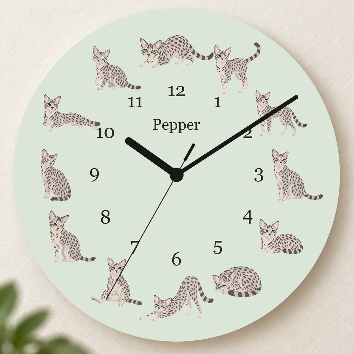 Personalized Egyptian Mau Cat Wall Clock, Custom Pet Name, 11.6 Inch Wooden Clock — Pale Sage background