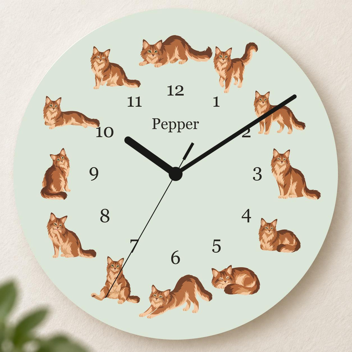 Personalized Somali Cat wooden wall clock with example name Pepper; hero