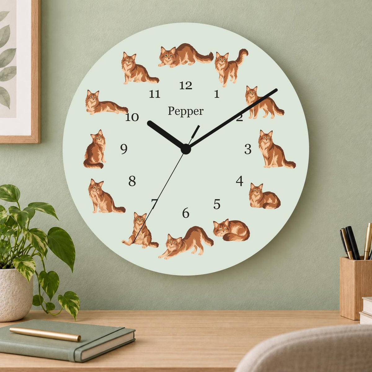 Personalized Somali Cat wooden wall clock with example name Pepper; home office