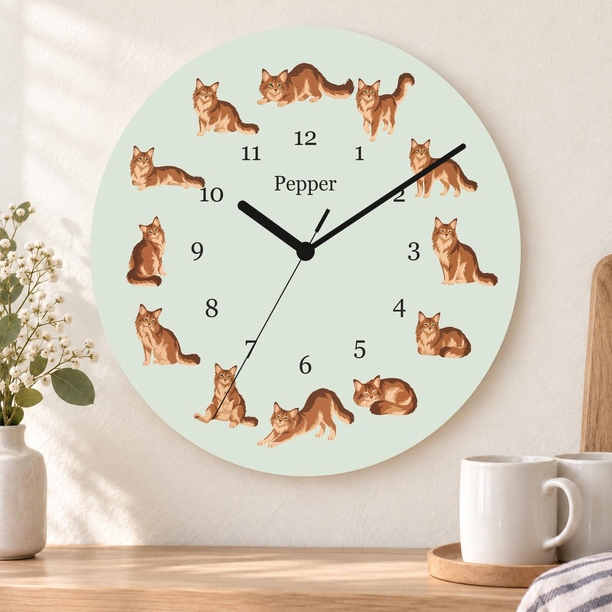 Personalized Somali Cat wooden wall clock with example name Pepper; kitchen