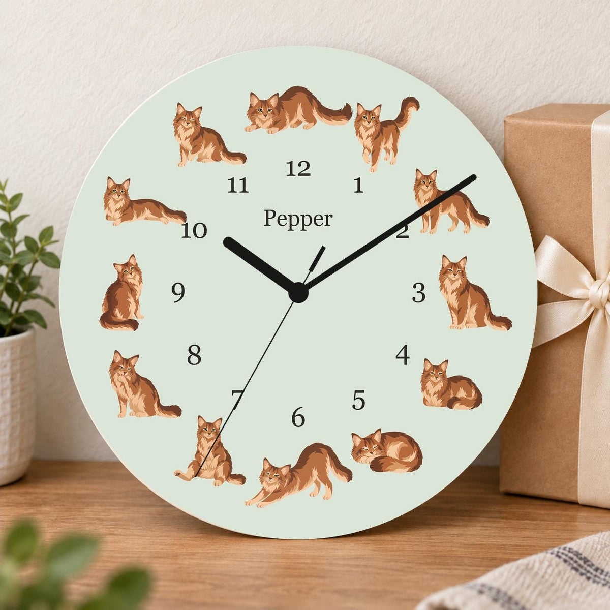 Personalized Somali Cat wooden wall clock with example name Pepper; gift