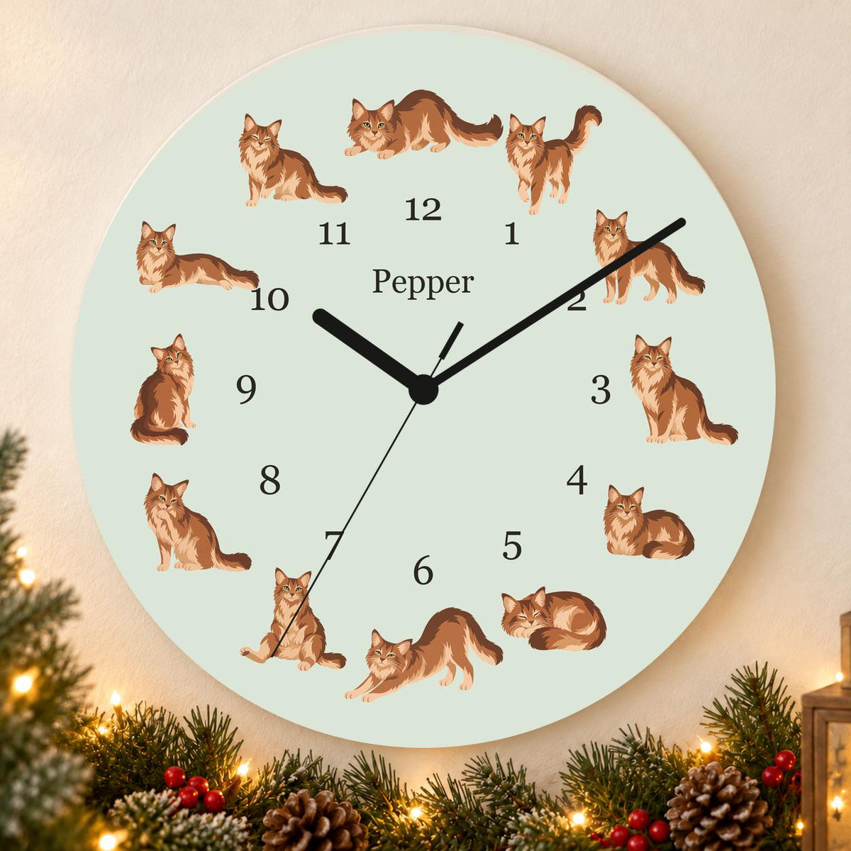 Personalized Somali Cat wooden wall clock with example name Pepper; holiday