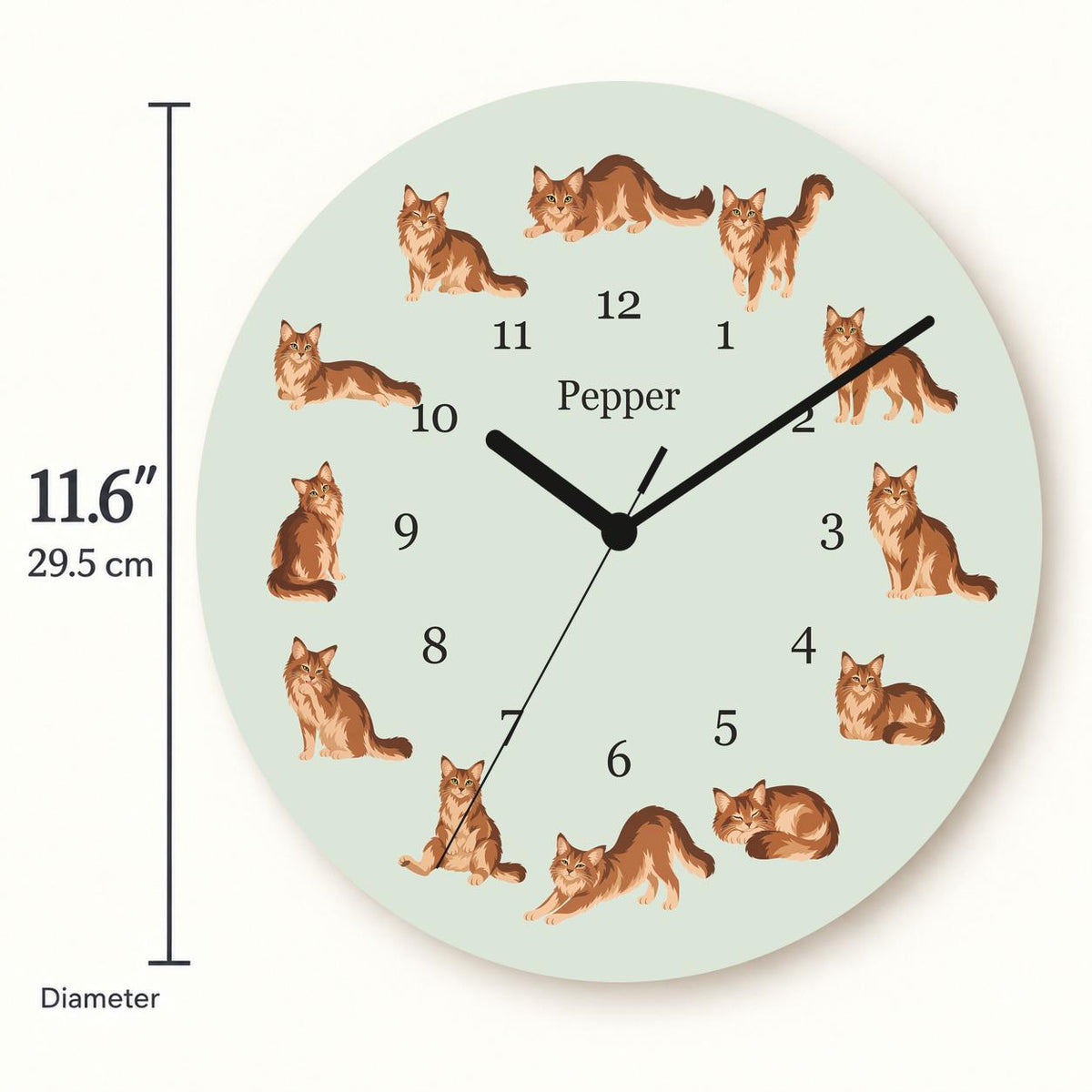 Personalized Somali Cat wooden wall clock with example name Pepper; size