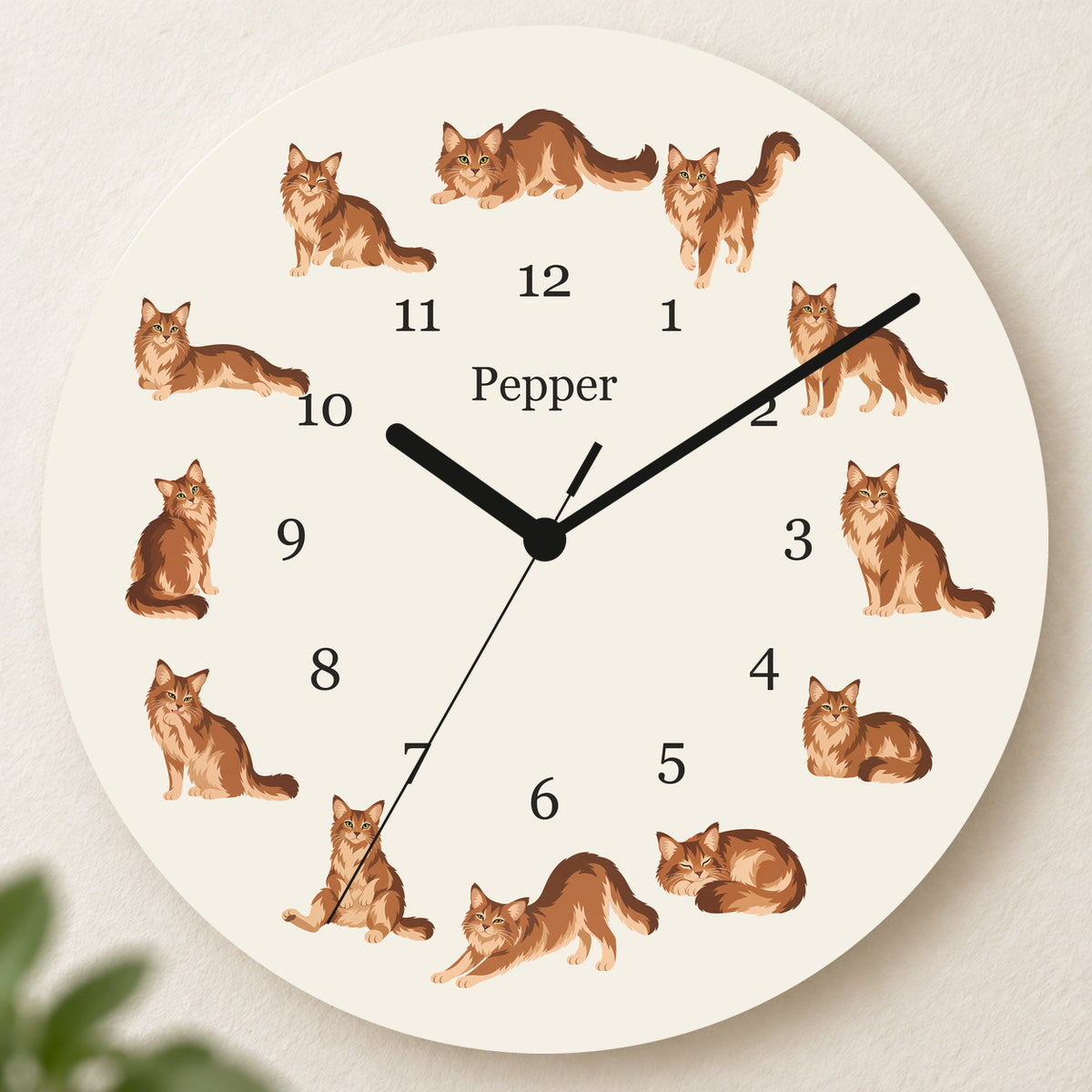 Personalized Somali Cat Wall Clock, Custom Pet Name, 11.6 Inch Wooden Clock — Warm Ivory background
