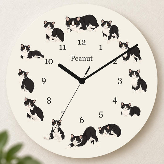 Personalized Manx Cat wooden wall clock with example name Peanut; hero
