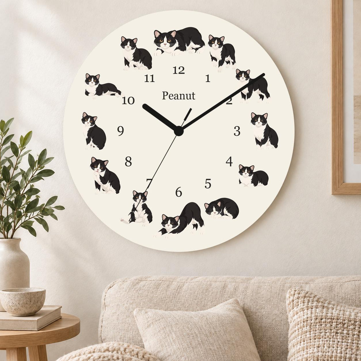 Personalized Manx Cat wooden wall clock with example name Peanut; living room