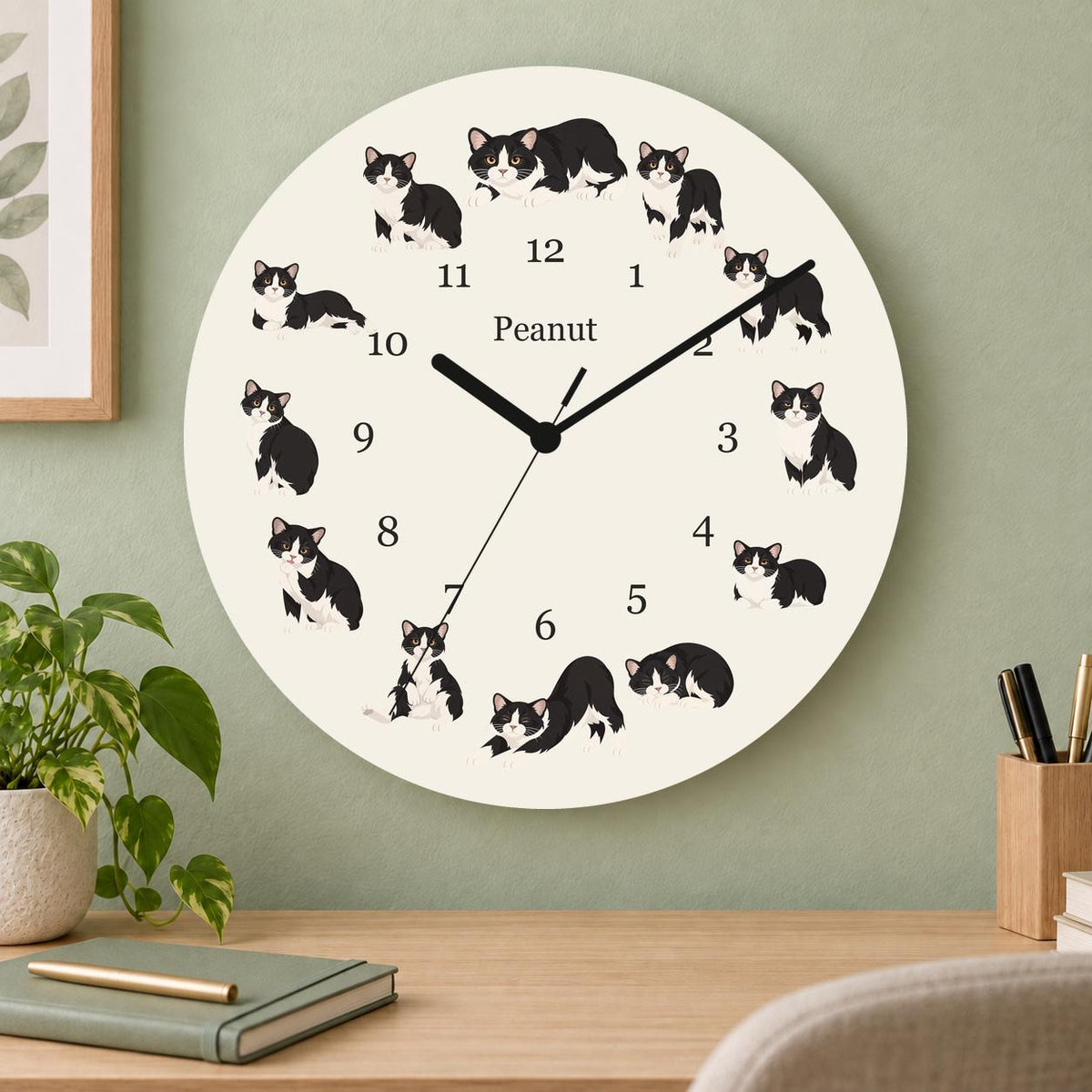 Personalized Manx Cat wooden wall clock with example name Peanut; home office