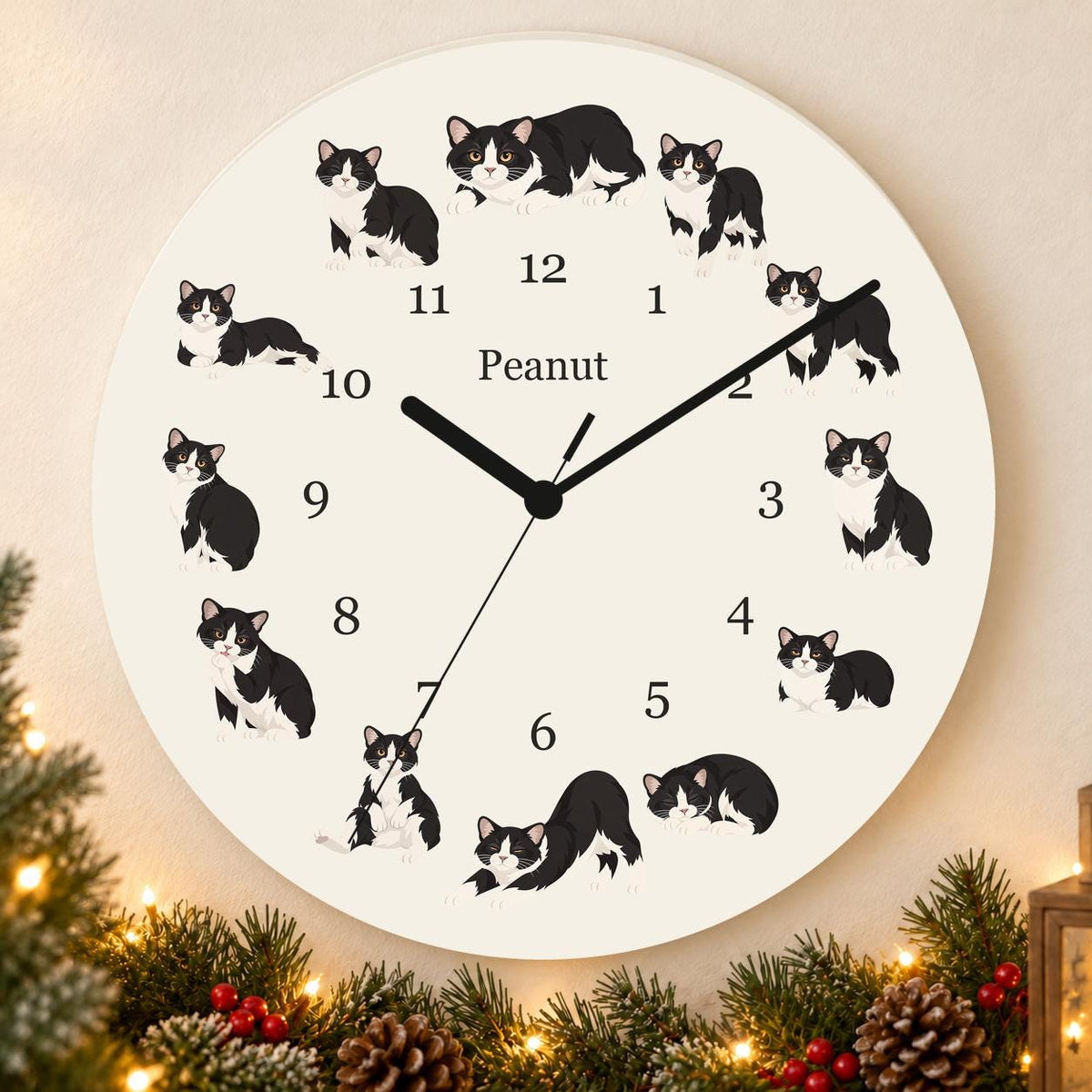 Personalized Manx Cat wooden wall clock with example name Peanut; holiday