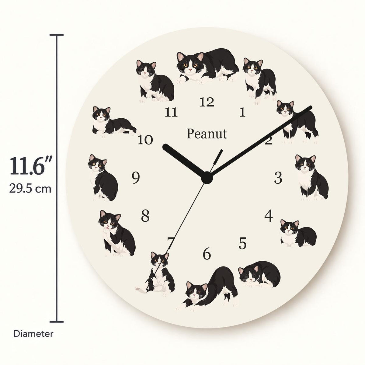 Personalized Manx Cat wooden wall clock with example name Peanut; size