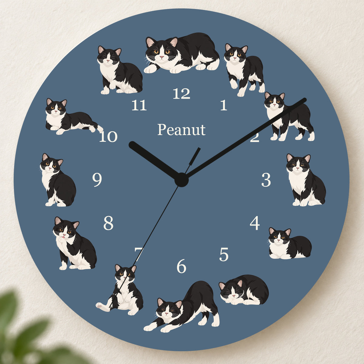 Personalized Manx Cat Wall Clock, Custom Pet Name, 11.6 Inch Wooden Clock — Muted Denim background