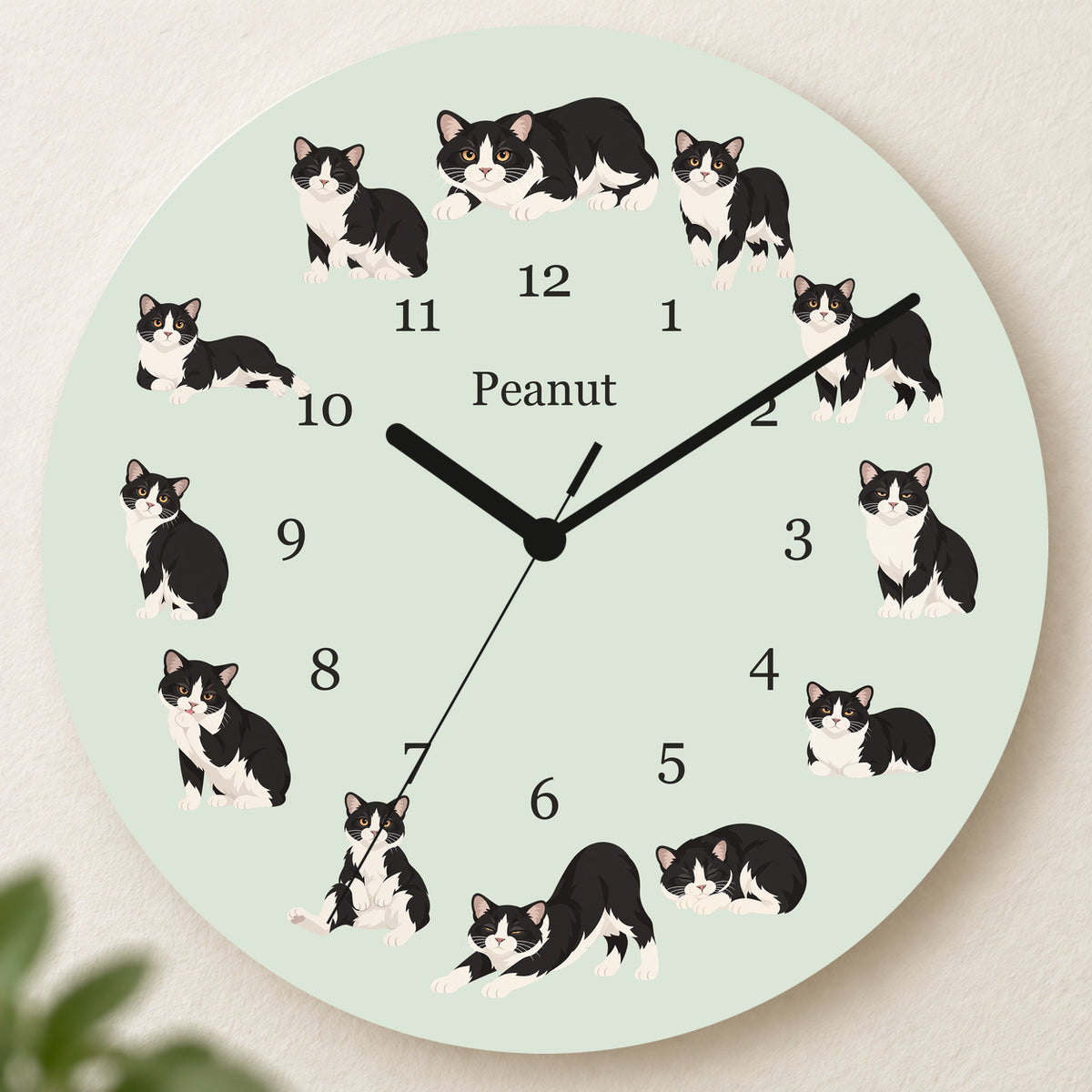 Personalized Manx Cat Wall Clock, Custom Pet Name, 11.6 Inch Wooden Clock — Pale Sage background