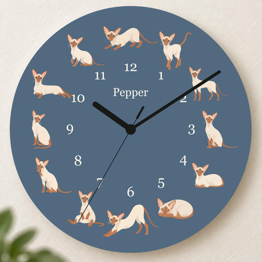 Personalized Colorpoint Shorthair Cat wooden wall clock with example name Pepper; hero