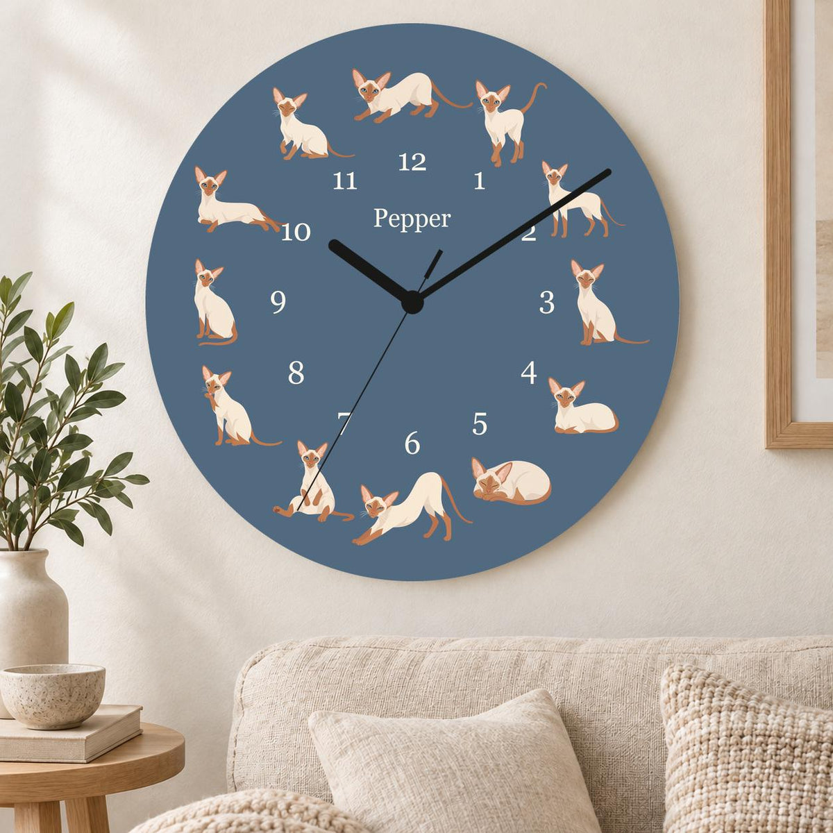 Personalized Colorpoint Shorthair Cat wooden wall clock with example name Pepper; living room