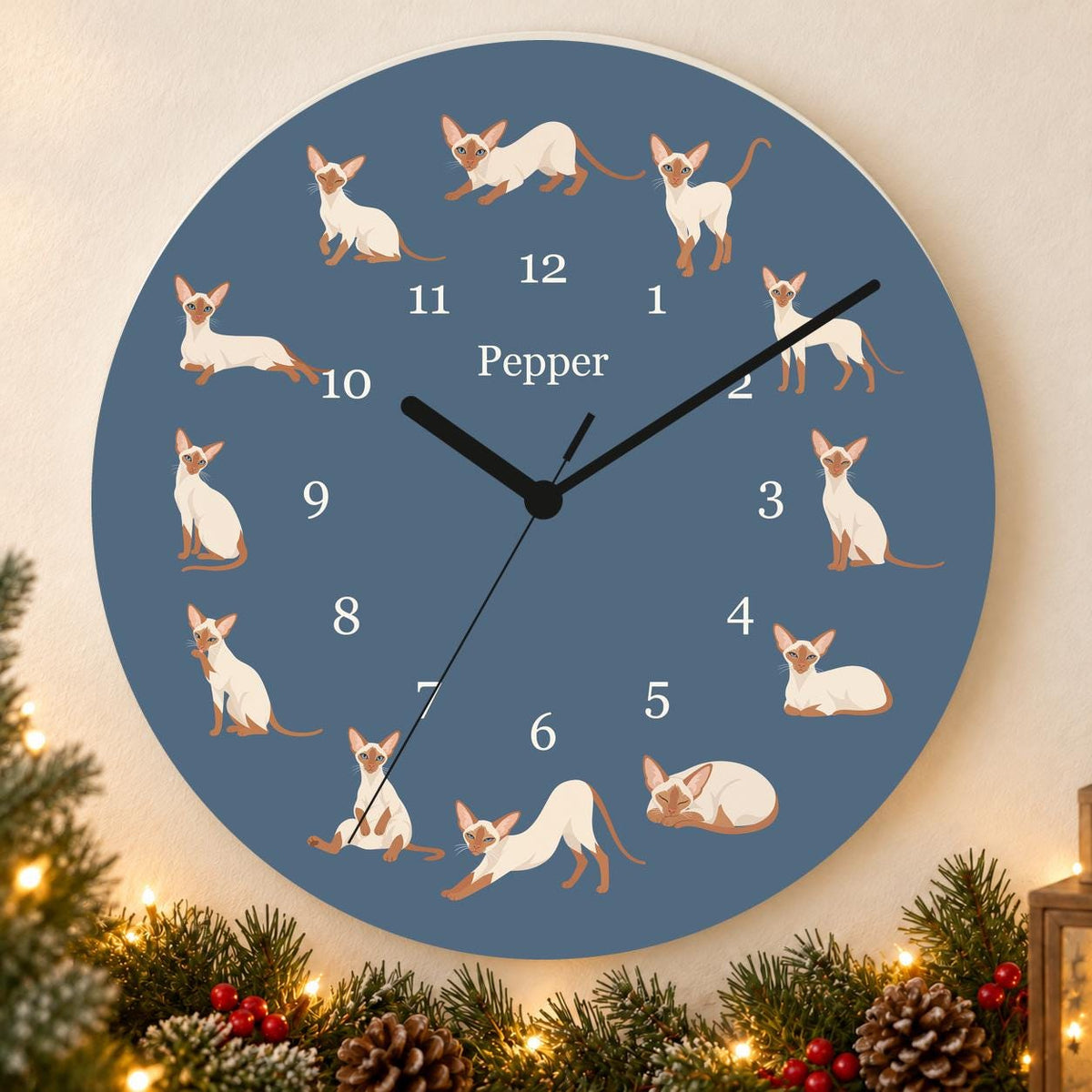 Personalized Colorpoint Shorthair Cat wooden wall clock with example name Pepper; holiday