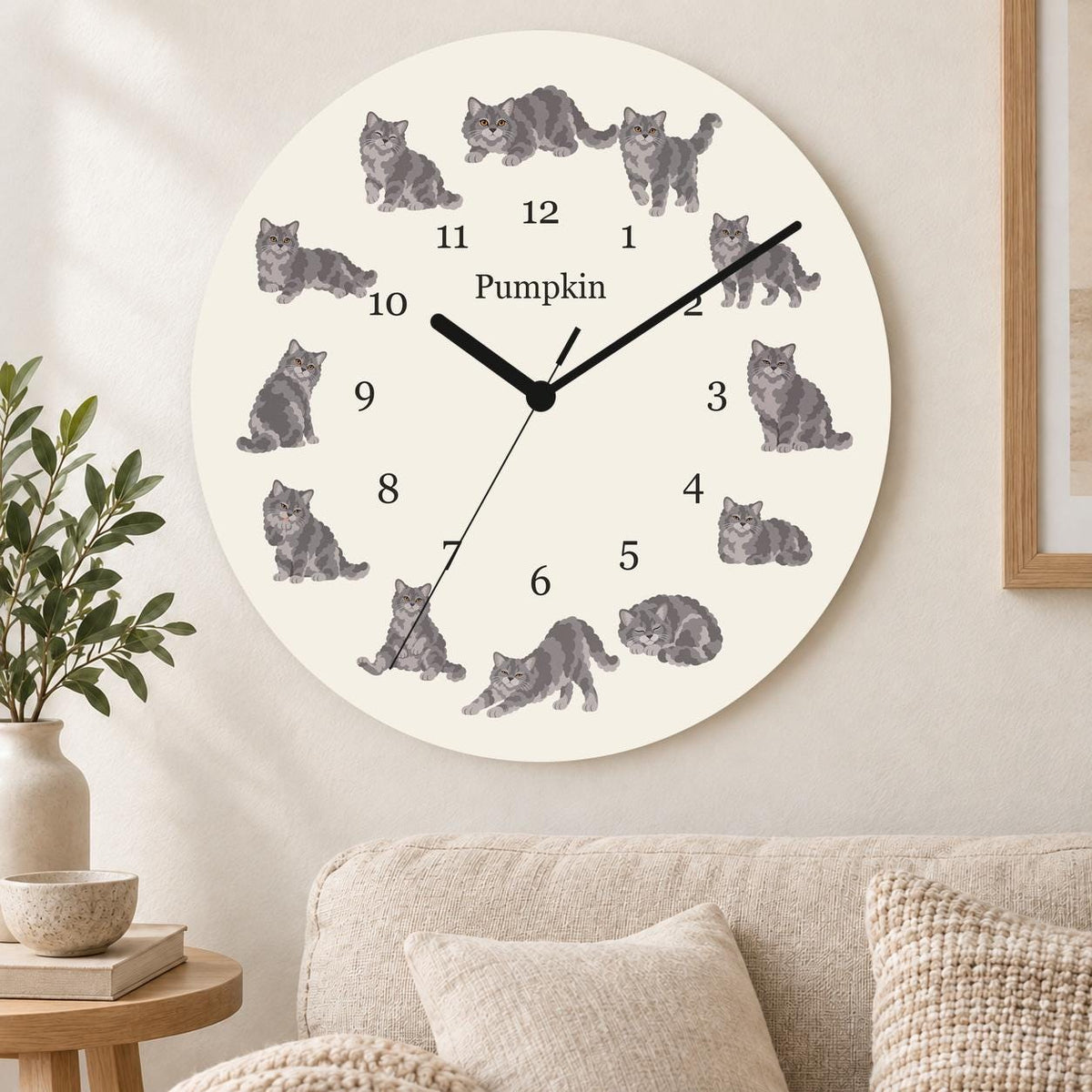 Personalized Selkirk Rex Cat wooden wall clock with example name Pumpkin; living room