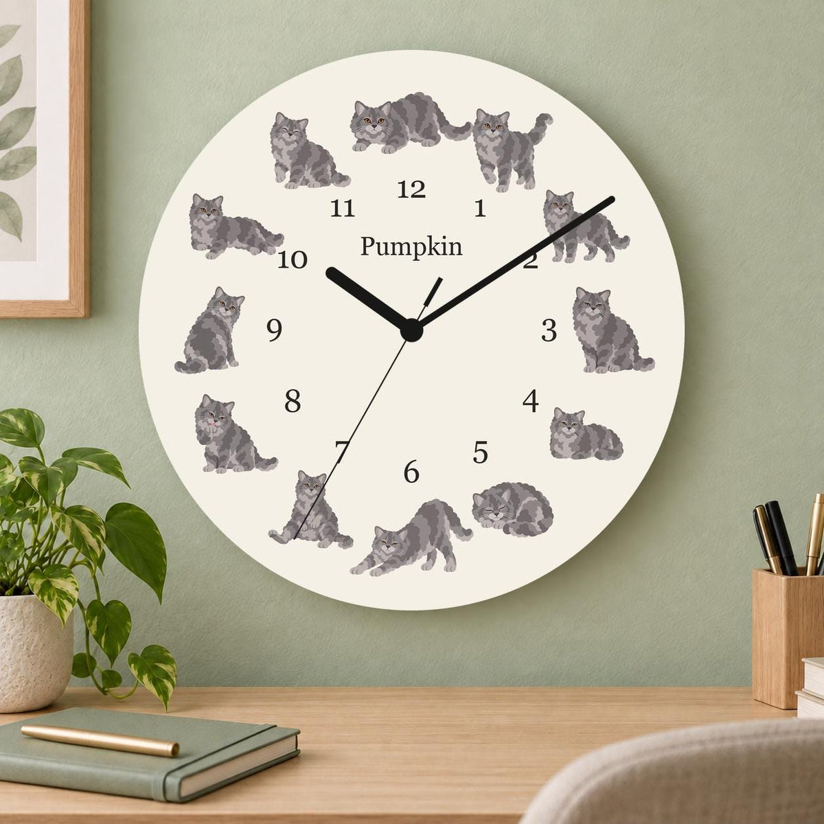 Personalized Selkirk Rex Cat wooden wall clock with example name Pumpkin; home office