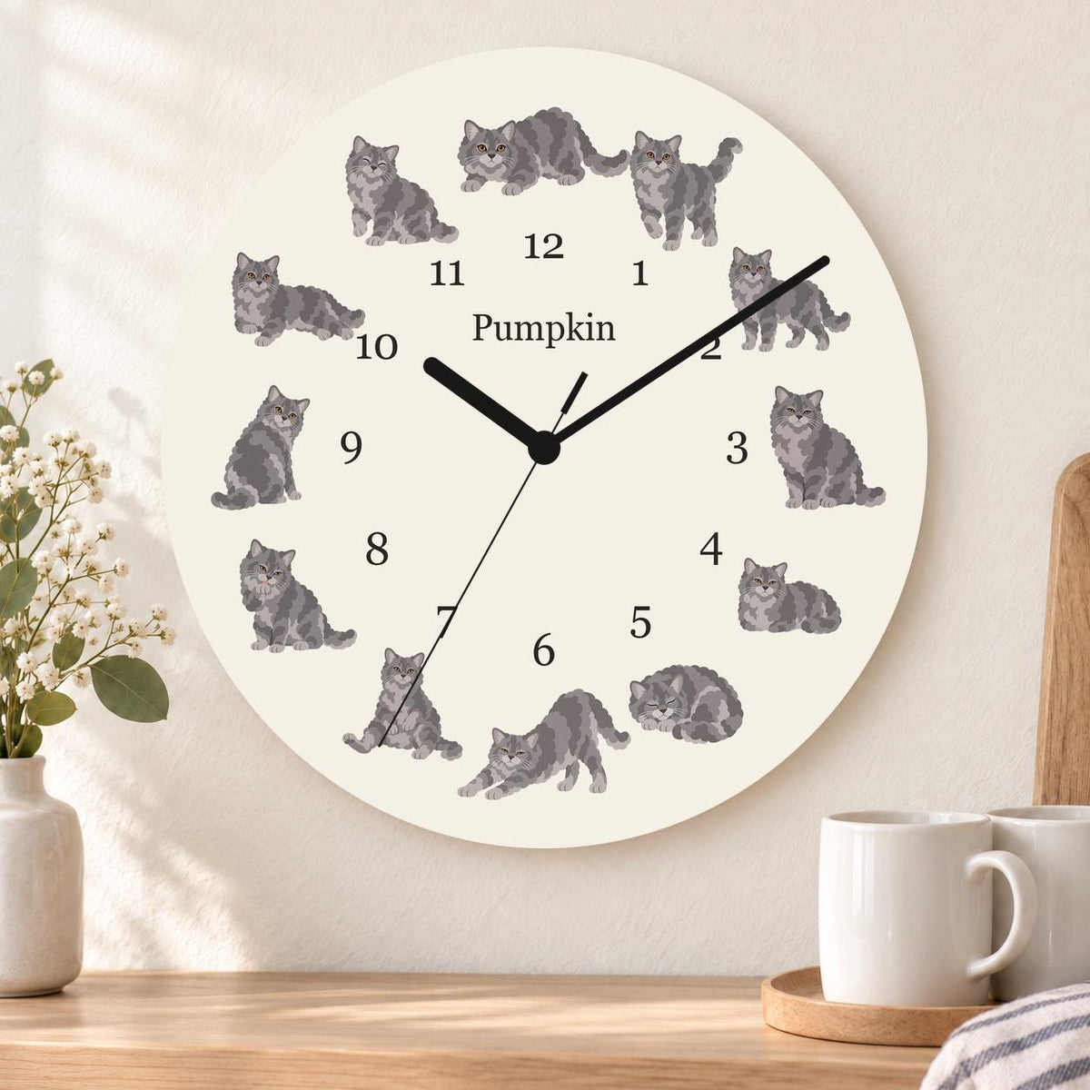 Personalized Selkirk Rex Cat wooden wall clock with example name Pumpkin; kitchen