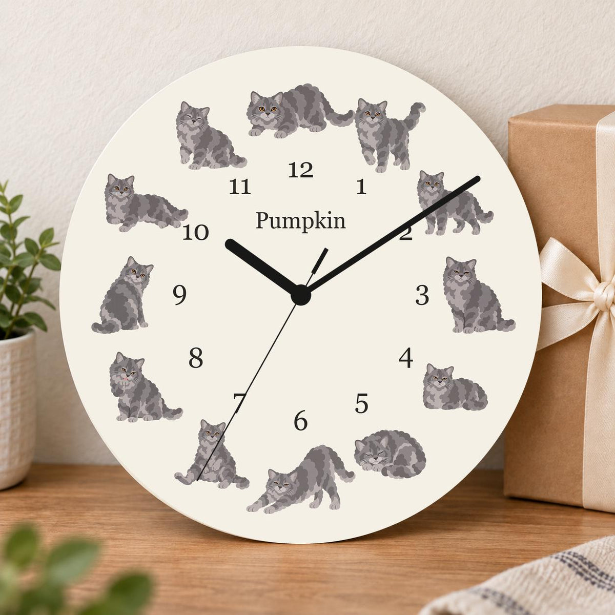 Personalized Selkirk Rex Cat wooden wall clock with example name Pumpkin; gift