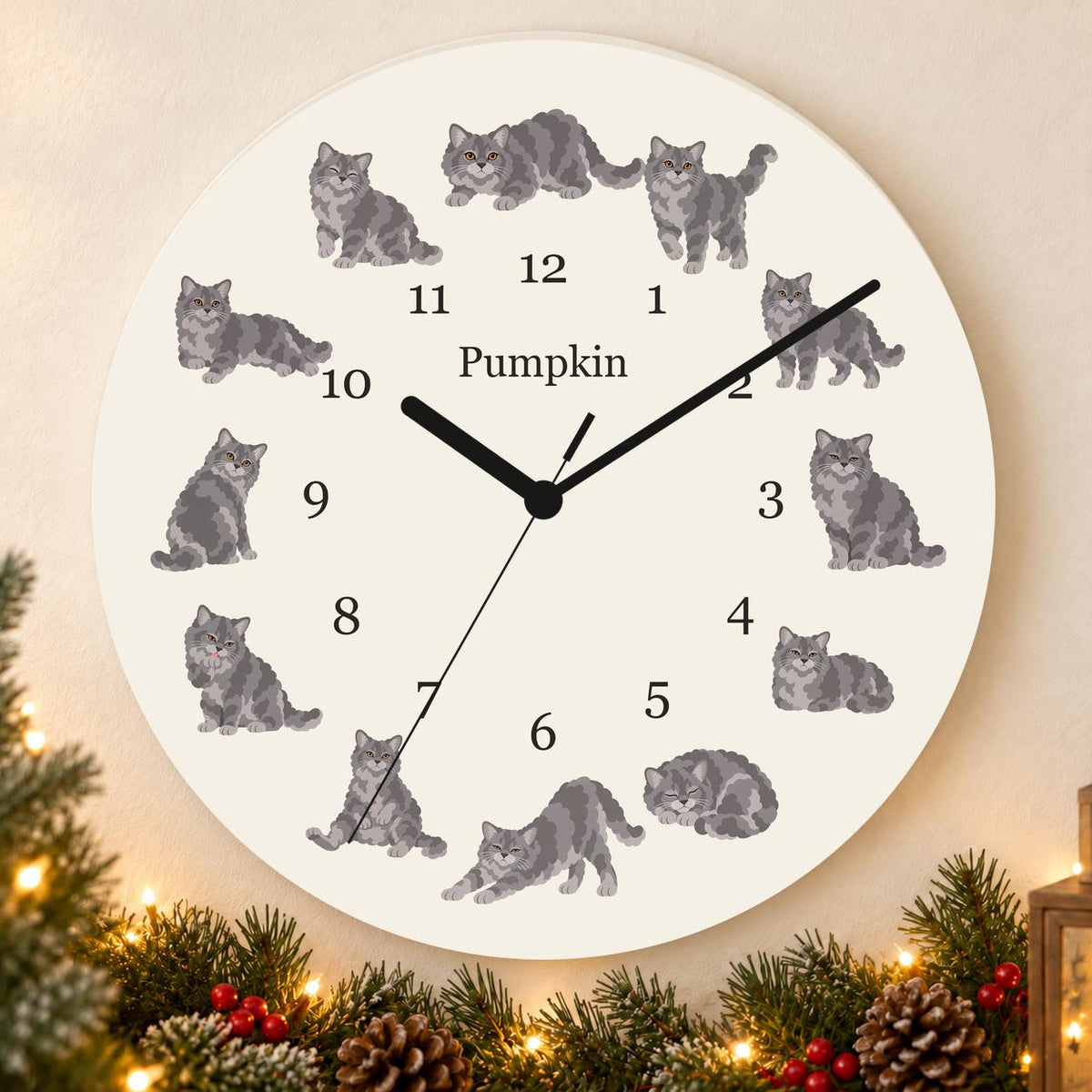 Personalized Selkirk Rex Cat wooden wall clock with example name Pumpkin; holiday