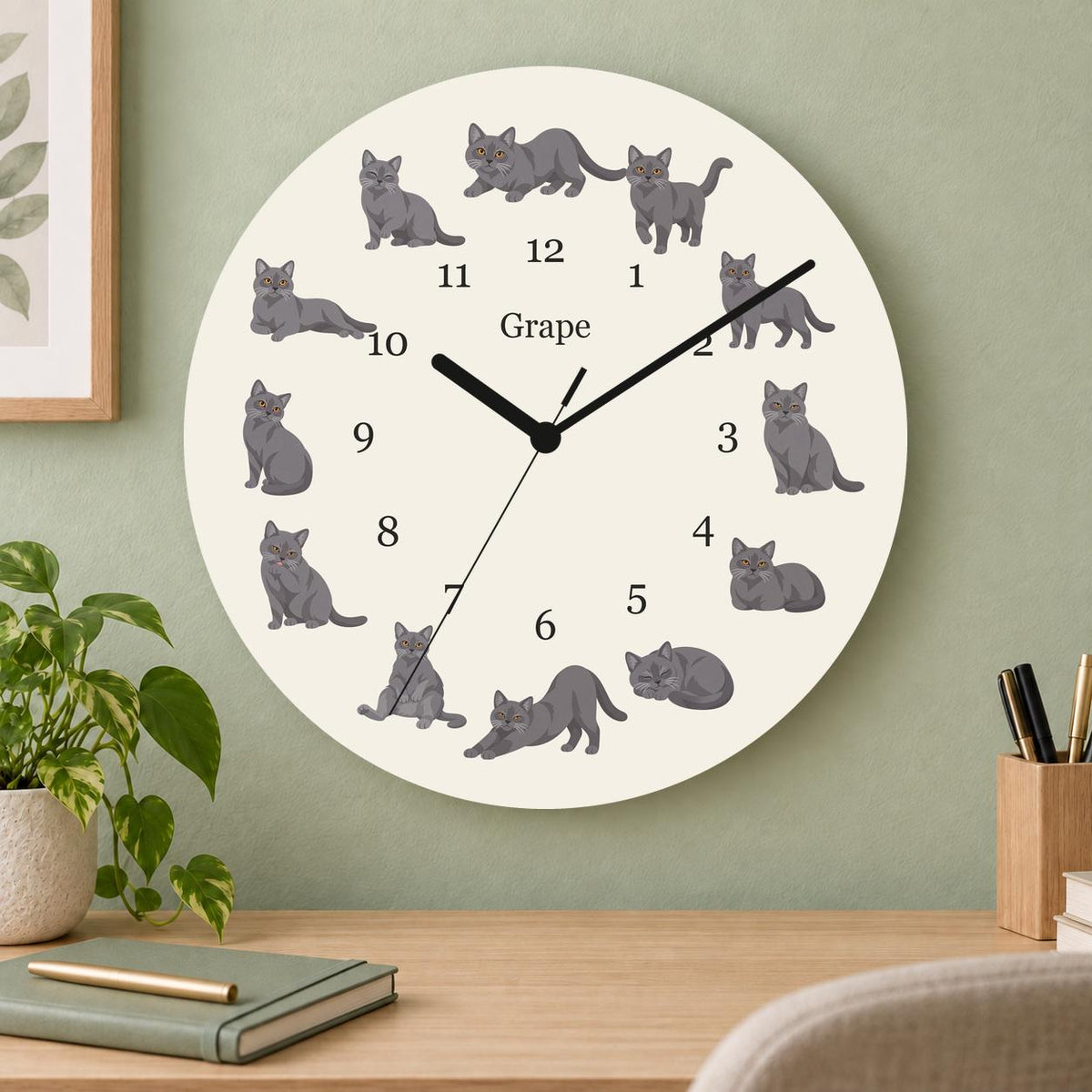 Personalized Chartreux Cat wooden wall clock with example name Grape; home office
