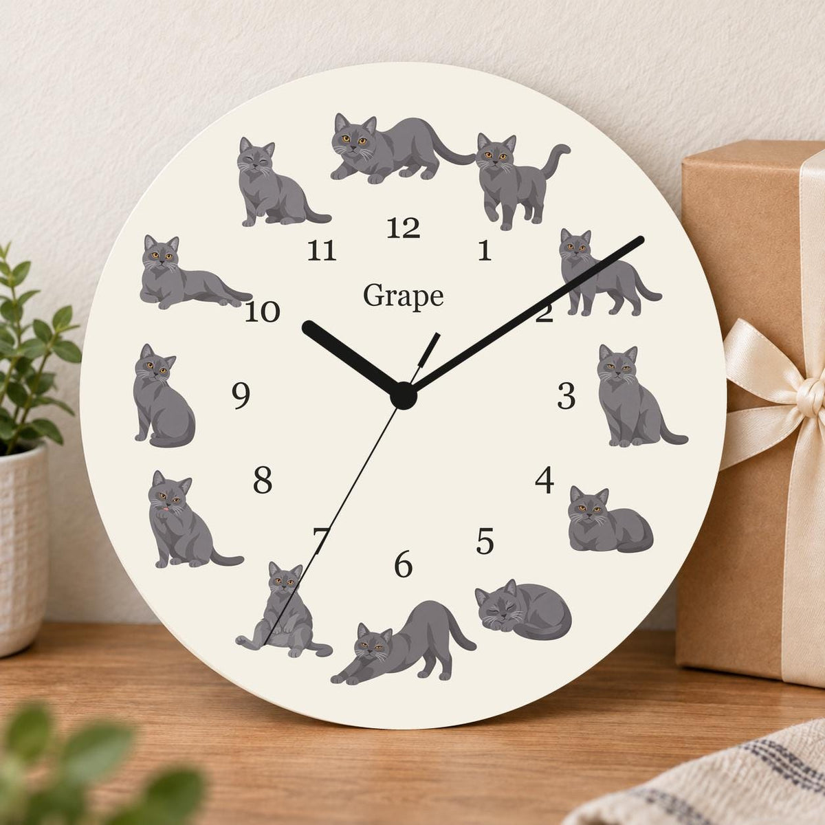 Personalized Chartreux Cat wooden wall clock with example name Grape; gift