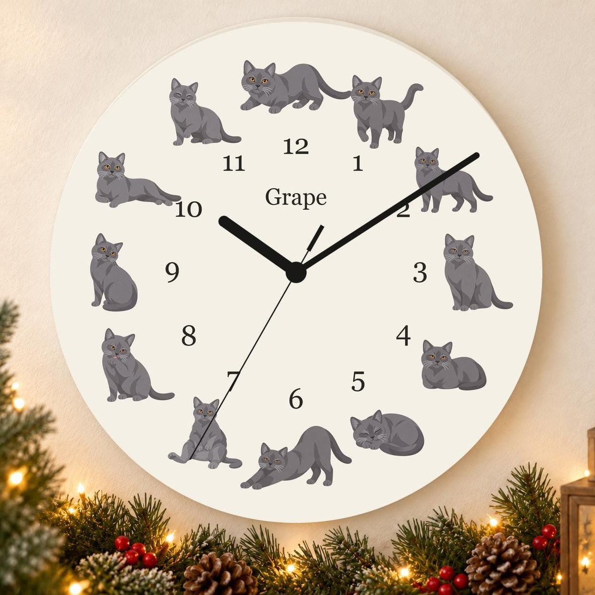 Personalized Chartreux Cat wooden wall clock with example name Grape; holiday