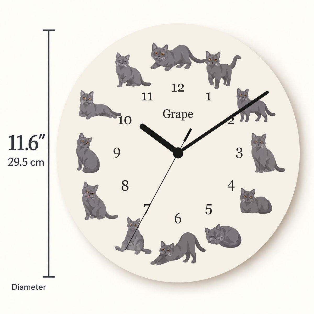 Personalized Chartreux Cat wooden wall clock with example name Grape; size