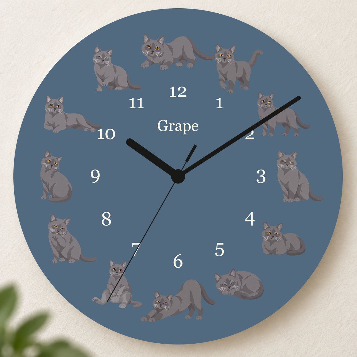Personalized Chartreux Cat Wall Clock, Custom Pet Name, 11.6 Inch Wooden Clock — Muted Denim background
