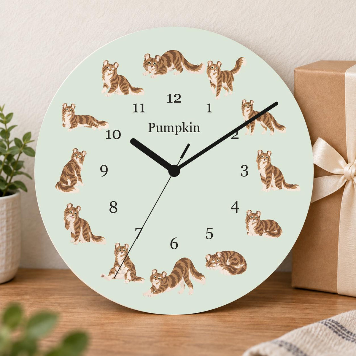 Personalized American Curl Cat wooden wall clock with example name Pumpkin; gift