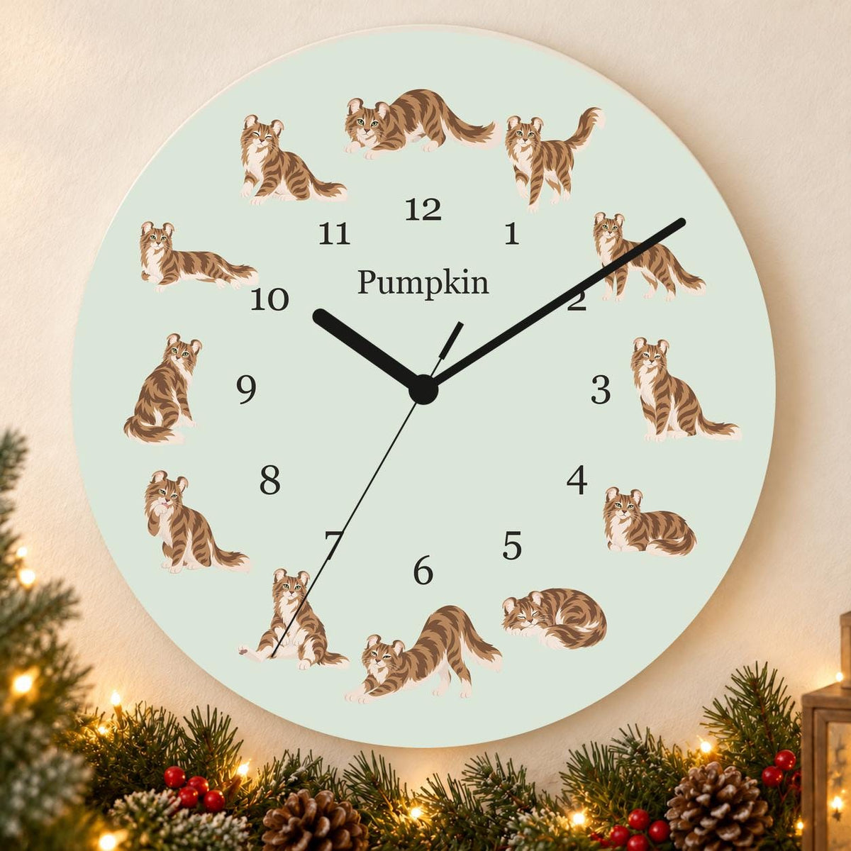 Personalized American Curl Cat wooden wall clock with example name Pumpkin; holiday