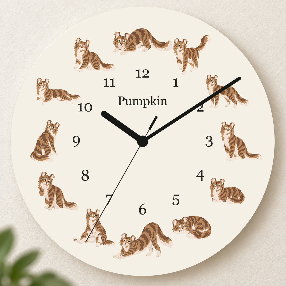 Personalized American Curl Cat Wall Clock, Custom Pet Name, 11.6 Inch Wooden Clock — Warm Ivory background