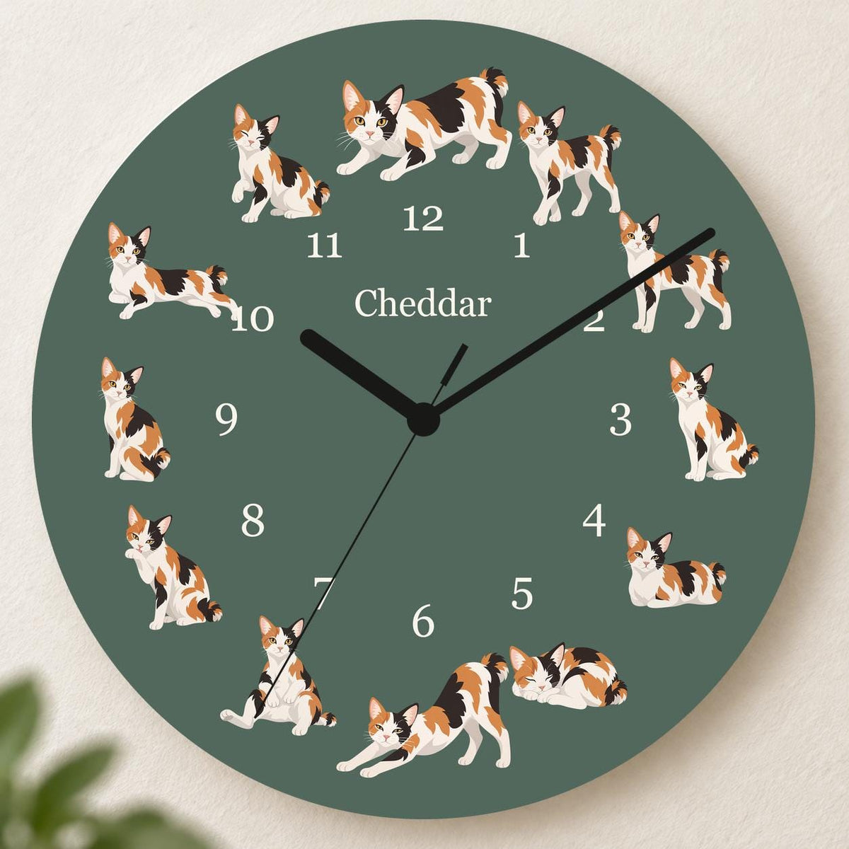 Personalized Japanese Bobtail Cat wooden wall clock with example name Cheddar; hero
