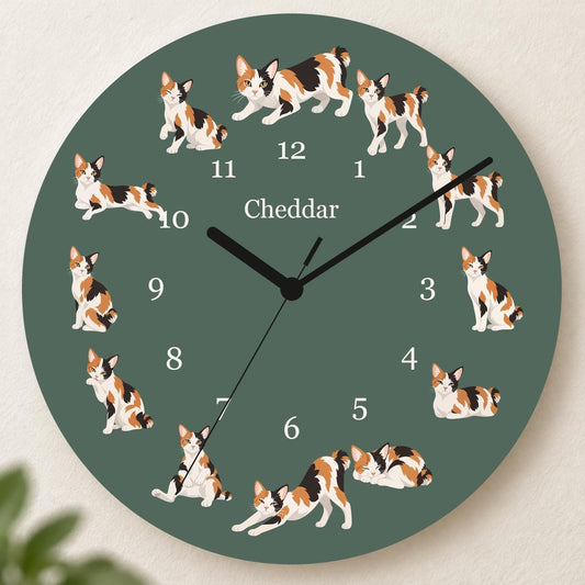 Personalized Japanese Bobtail Cat wooden wall clock with example name Cheddar; hero
