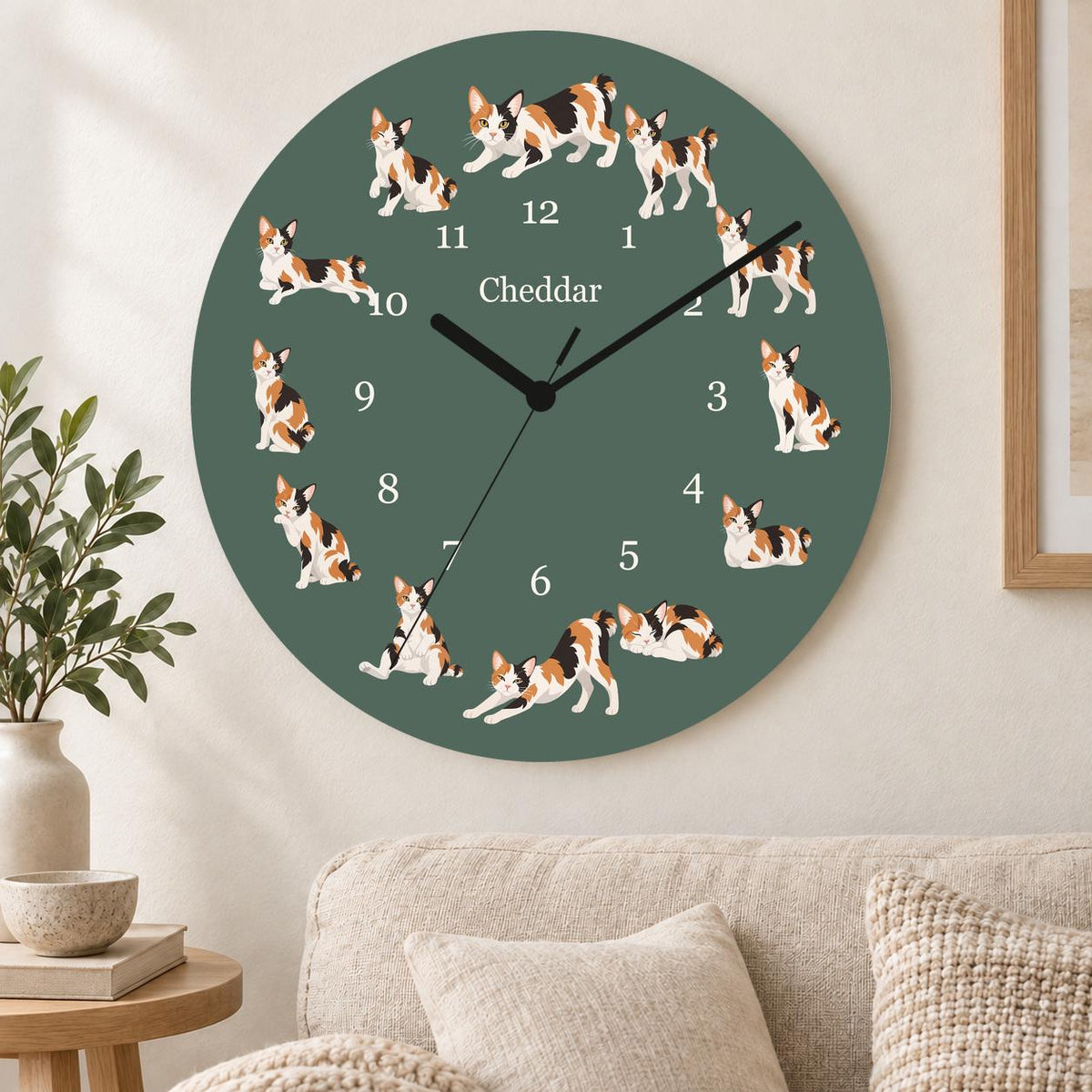 Personalized Japanese Bobtail Cat wooden wall clock with example name Cheddar; living room