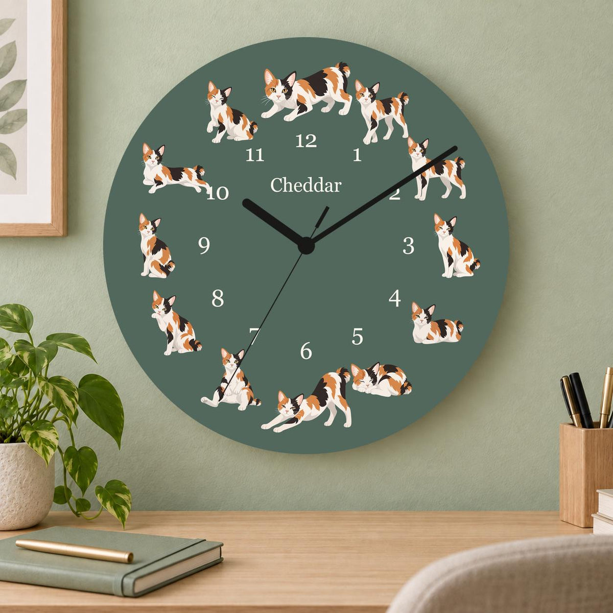 Personalized Japanese Bobtail Cat wooden wall clock with example name Cheddar; home office