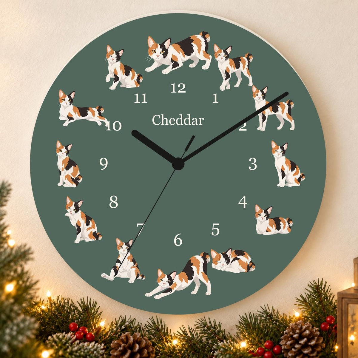 Personalized Japanese Bobtail Cat wooden wall clock with example name Cheddar; holiday