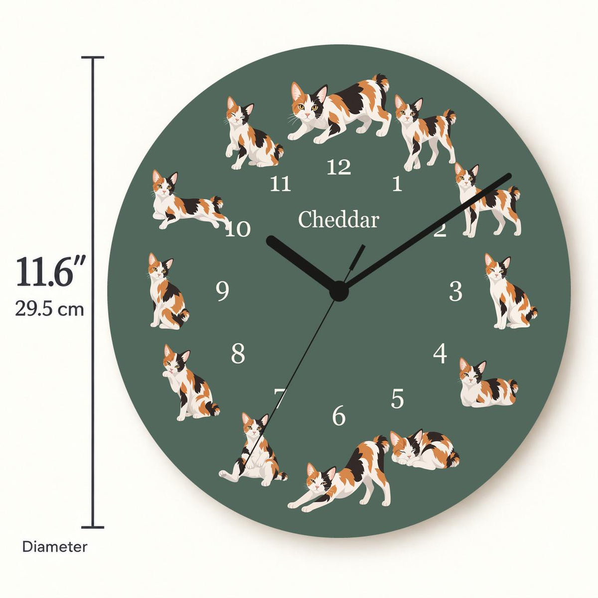 Personalized Japanese Bobtail Cat wooden wall clock with example name Cheddar; size