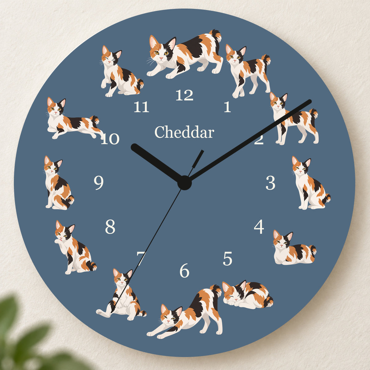 Personalized Japanese Bobtail Cat Wall Clock, Custom Pet Name, 11.6 Inch Wooden Clock — Muted Denim background